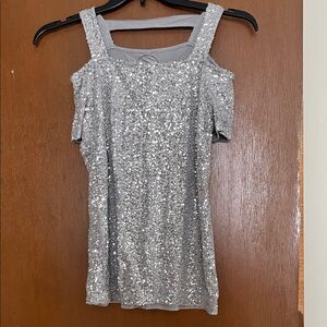 INC International Concepts Glittering Silver Cold-Shoulder Blouse